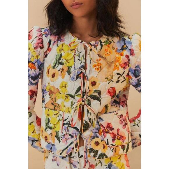 Farm Rio Off-White Greek Garden Floral Quilted Jacket Women's Size XL Multicolor - Picture 2 of 4
